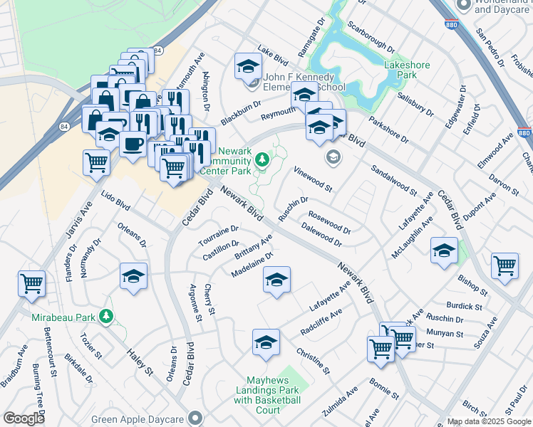 map of restaurants, bars, coffee shops, grocery stores, and more near 35644 Newark Boulevard in Newark