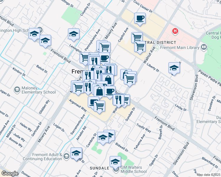 map of restaurants, bars, coffee shops, grocery stores, and more near 39299 Fremont Boulevard in Fremont
