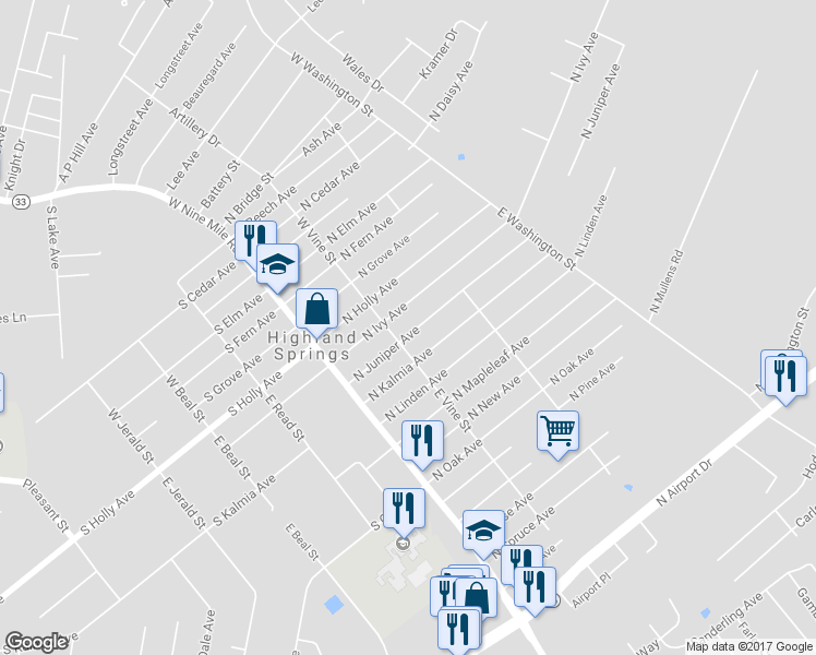 map of restaurants, bars, coffee shops, grocery stores, and more near 106 North Juniper Avenue in Highland Springs