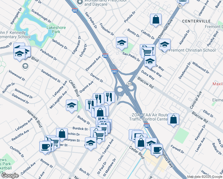 map of restaurants, bars, coffee shops, grocery stores, and more near 36835 Darvon Street in Newark