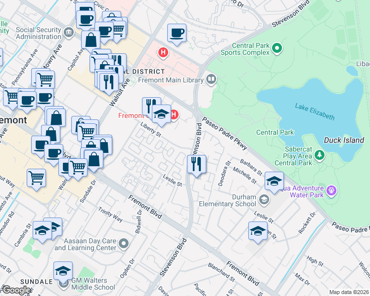 map of restaurants, bars, coffee shops, grocery stores, and more near 49131 Liberty Street in Fremont
