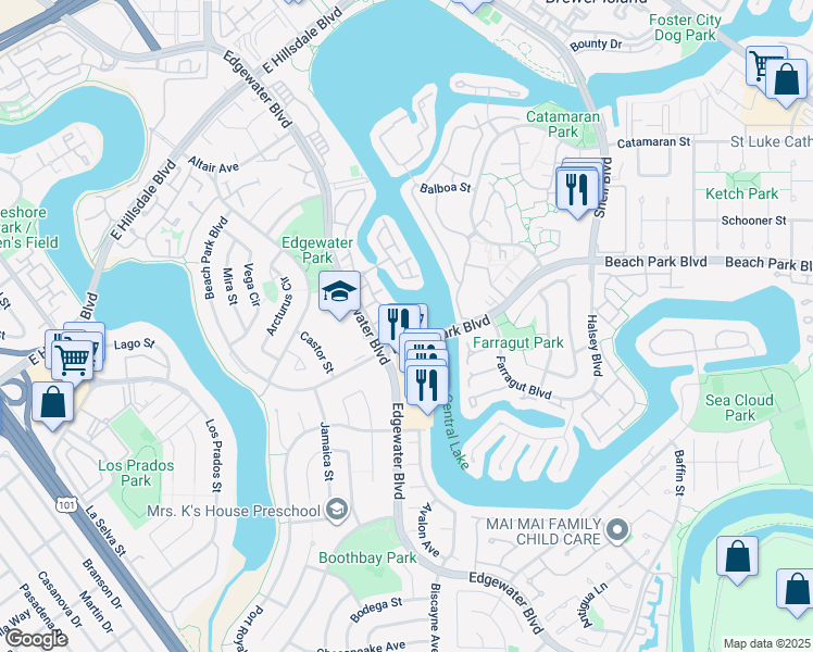 map of restaurants, bars, coffee shops, grocery stores, and more near 899 Ursa Lane in Foster City