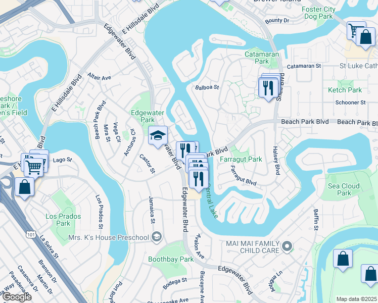 map of restaurants, bars, coffee shops, grocery stores, and more near 895 Ursa Lane in Foster City