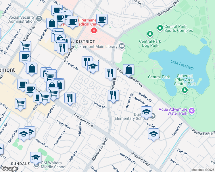 map of restaurants, bars, coffee shops, grocery stores, and more near 14372 Liberty Street in Fremont