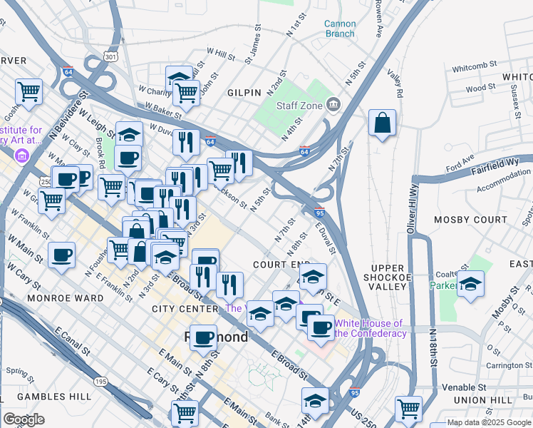 map of restaurants, bars, coffee shops, grocery stores, and more near 700 N 6th St in Richmond