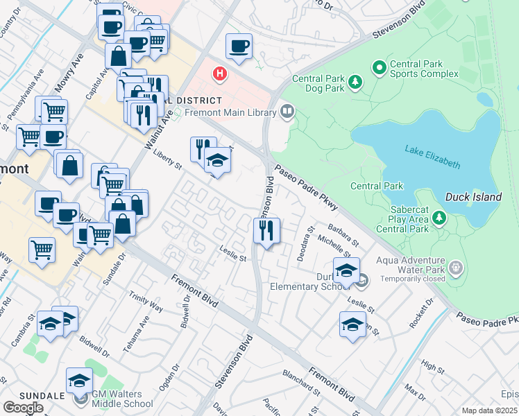 map of restaurants, bars, coffee shops, grocery stores, and more near 3161 Stevenson Boulevard in Fremont