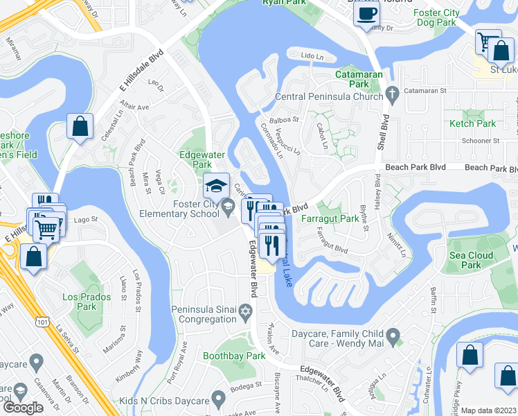 map of restaurants, bars, coffee shops, grocery stores, and more near 899 Ursa Lane in Foster City