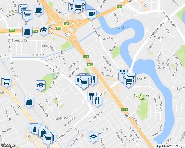 map of restaurants, bars, coffee shops, grocery stores, and more near 1353 Wayne Way in San Mateo
