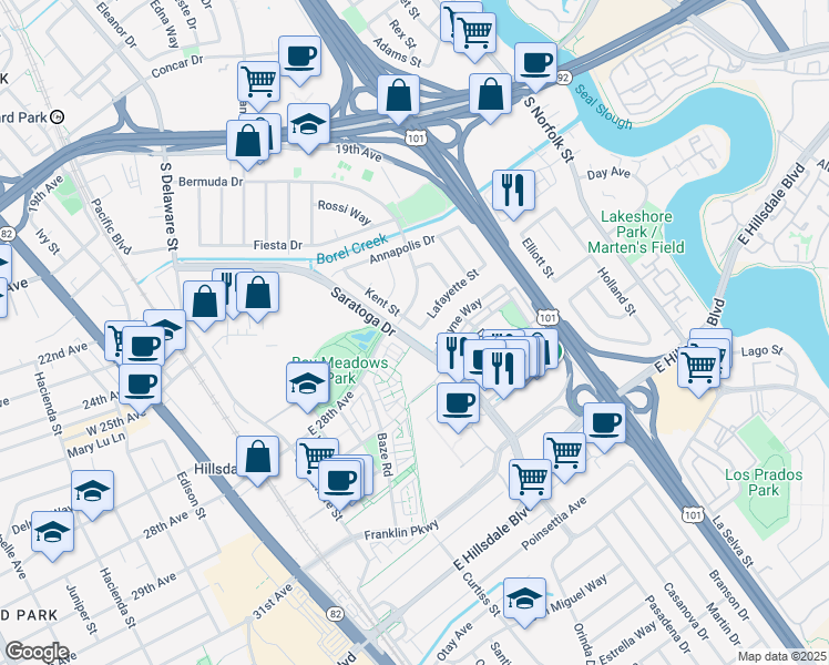 map of restaurants, bars, coffee shops, grocery stores, and more near 1010 Lafayette Street in San Mateo