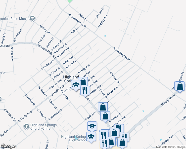 map of restaurants, bars, coffee shops, grocery stores, and more near 106 North Juniper Avenue in Highland Springs