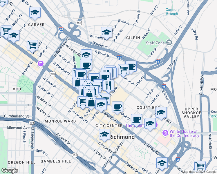 map of restaurants, bars, coffee shops, grocery stores, and more near 512 North 3rd Street in Richmond