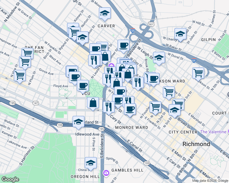 map of restaurants, bars, coffee shops, grocery stores, and more near 415 West Franklin Street in Richmond
