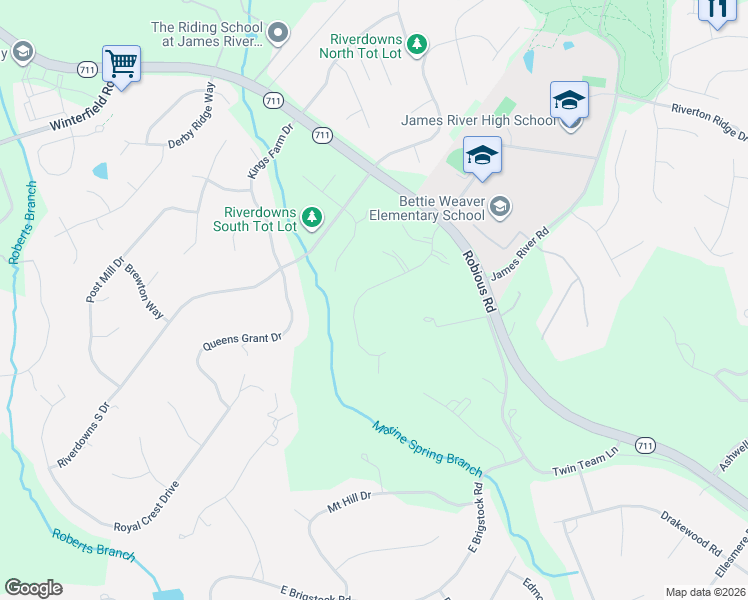map of restaurants, bars, coffee shops, grocery stores, and more near 3419 Robious Forest Way in Midlothian