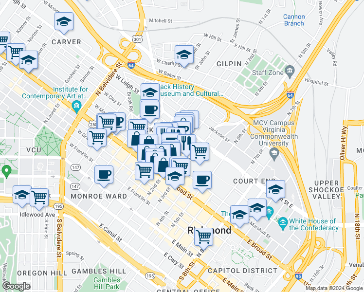 map of restaurants, bars, coffee shops, grocery stores, and more near 112 East Clay Street in Richmond