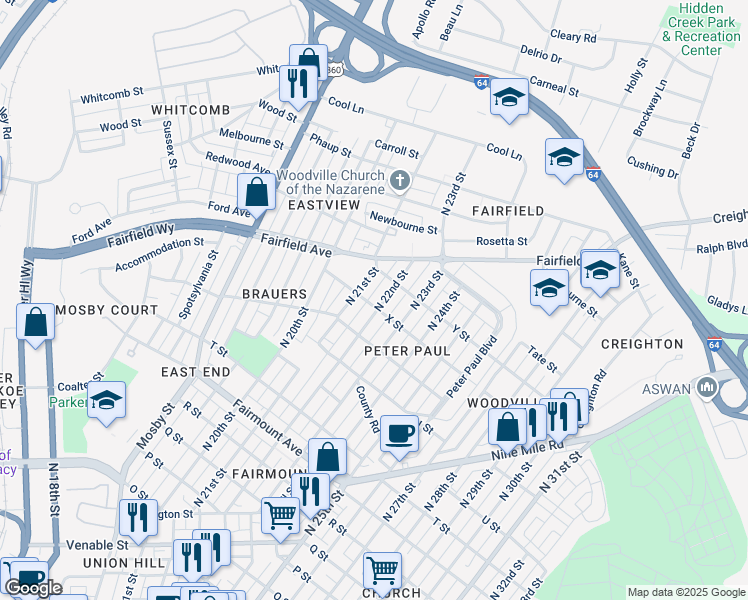 map of restaurants, bars, coffee shops, grocery stores, and more near 1800 North 22nd Street in Richmond
