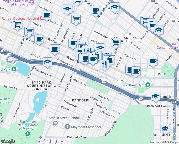 map of restaurants, bars, coffee shops, grocery stores, and more near 1804 Parkwood Avenue in Richmond
