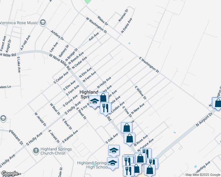map of restaurants, bars, coffee shops, grocery stores, and more near 101 North Ivy Avenue in Highland Springs