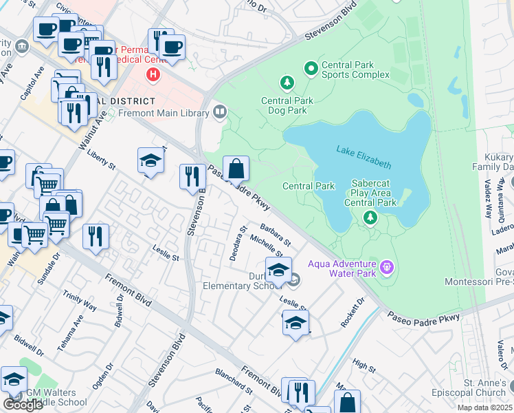 map of restaurants, bars, coffee shops, grocery stores, and more near 39955 Paseo Padre Parkway in Fremont