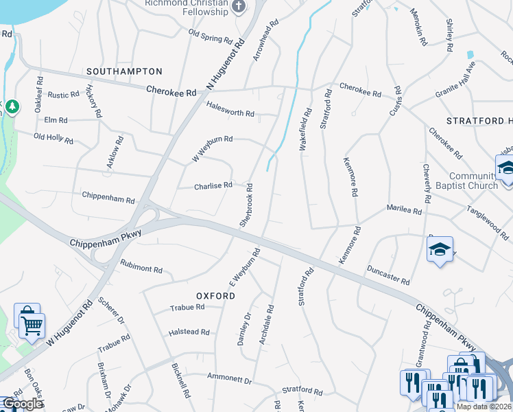 map of restaurants, bars, coffee shops, grocery stores, and more near 3601 Sherbrook Road in Richmond