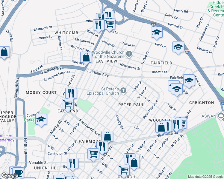 map of restaurants, bars, coffee shops, grocery stores, and more near 1710 North 21st Street in Richmond