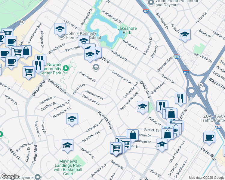 map of restaurants, bars, coffee shops, grocery stores, and more near 36186 Forestwood Drive in Newark