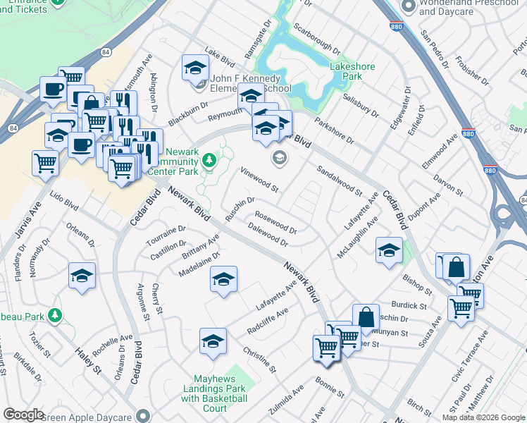 map of restaurants, bars, coffee shops, grocery stores, and more near 35960 Rosewood Drive in Newark