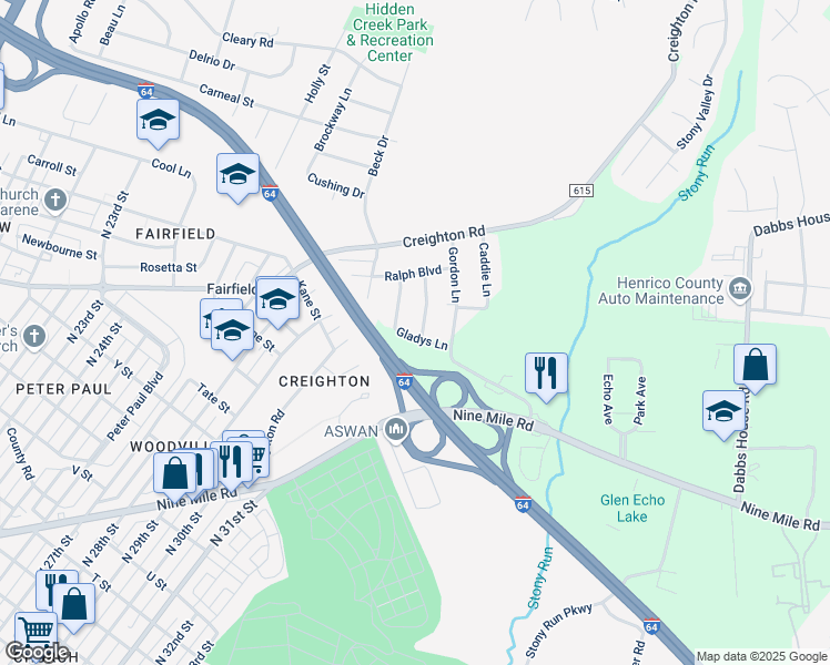 map of restaurants, bars, coffee shops, grocery stores, and more near 2400 Allence Boulevard in Richmond