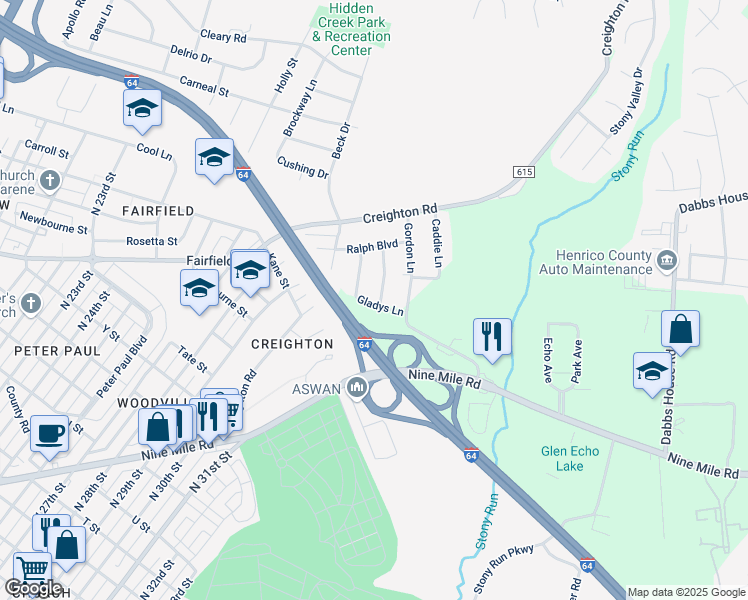 map of restaurants, bars, coffee shops, grocery stores, and more near 2400 Allence Boulevard in Richmond