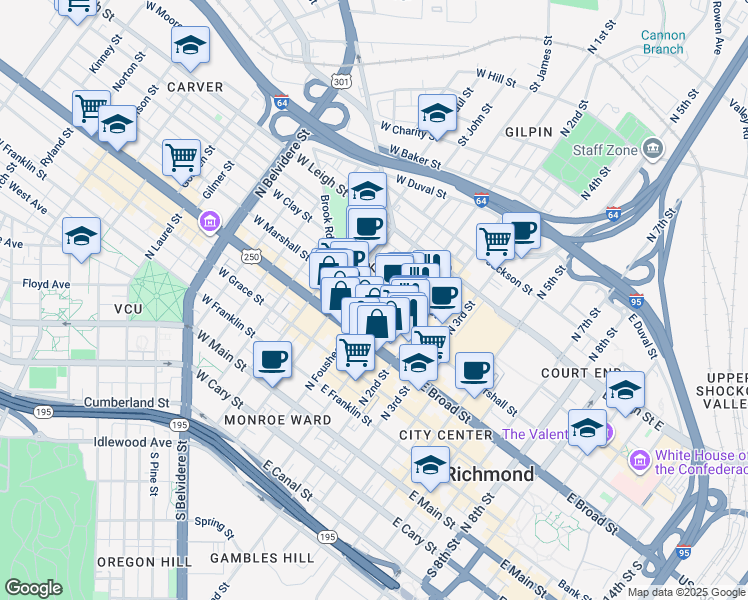 map of restaurants, bars, coffee shops, grocery stores, and more near 2 West Marshall Street in Richmond