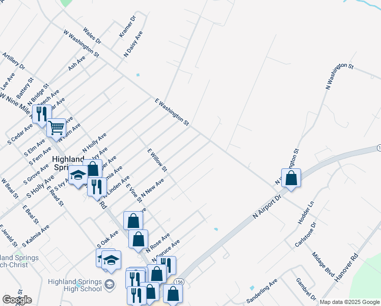 map of restaurants, bars, coffee shops, grocery stores, and more near 228 North New Avenue in Highland Springs