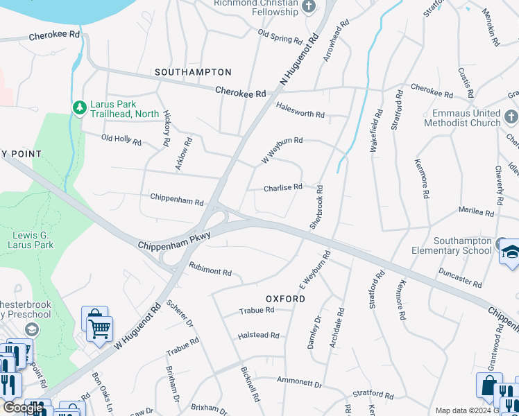 map of restaurants, bars, coffee shops, grocery stores, and more near 8336 Chippenham Road in Richmond