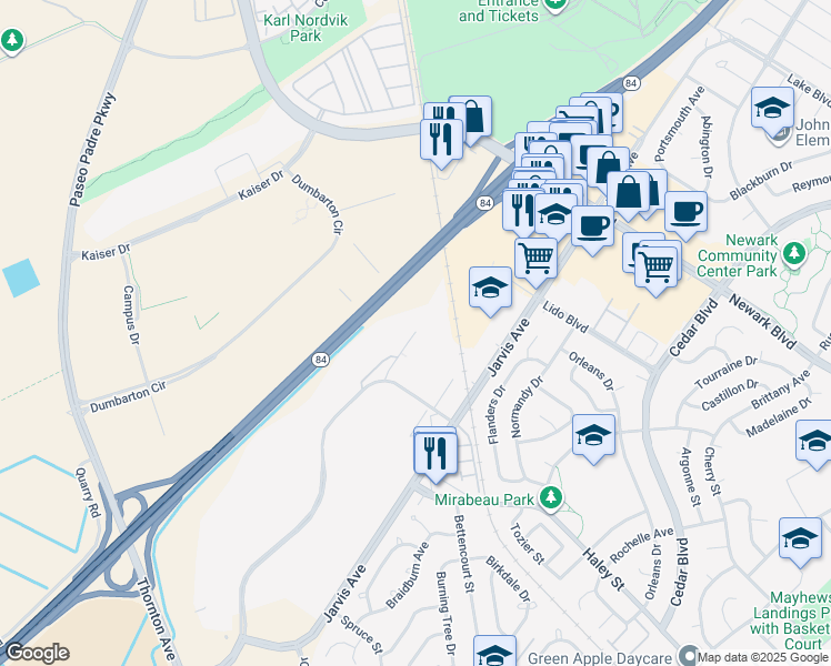 map of restaurants, bars, coffee shops, grocery stores, and more near 6500 Overlake Place in Newark