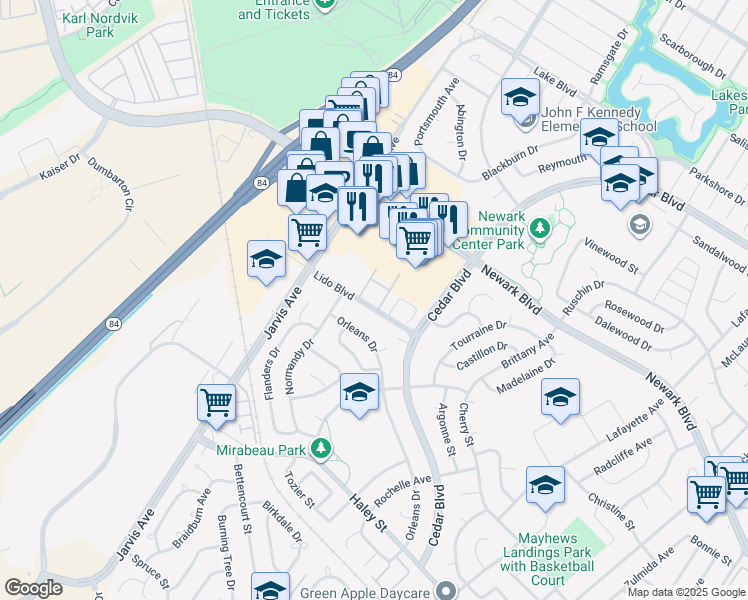 map of restaurants, bars, coffee shops, grocery stores, and more near 35250 Lido Boulevard in Newark