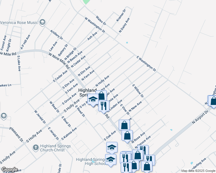 map of restaurants, bars, coffee shops, grocery stores, and more near 101 North Ivy Avenue in Highland Springs