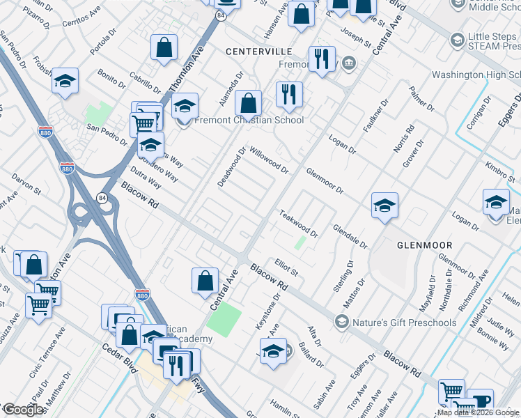 map of restaurants, bars, coffee shops, grocery stores, and more near 37507 Southwood Drive in Fremont