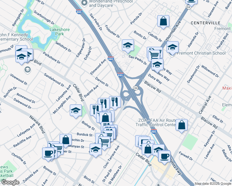map of restaurants, bars, coffee shops, grocery stores, and more near 36835 Darvon Street in Newark