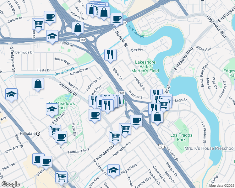 map of restaurants, bars, coffee shops, grocery stores, and more near 1373 Wayne Way in San Mateo