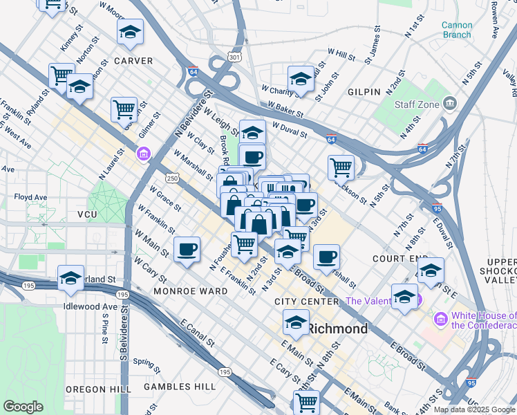 map of restaurants, bars, coffee shops, grocery stores, and more near 12 East Marshall Street in Richmond