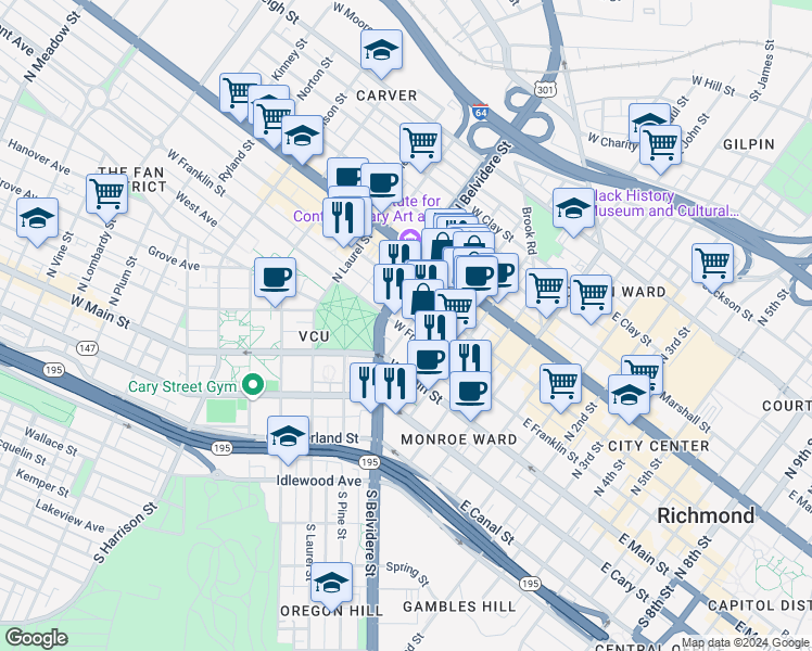 map of restaurants, bars, coffee shops, grocery stores, and more near 415 West Franklin Street in Richmond