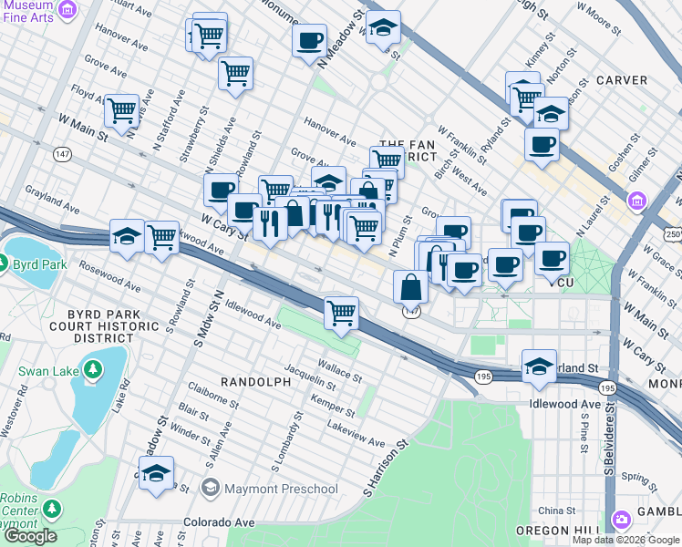 map of restaurants, bars, coffee shops, grocery stores, and more near 1528 West Cary Street in Richmond