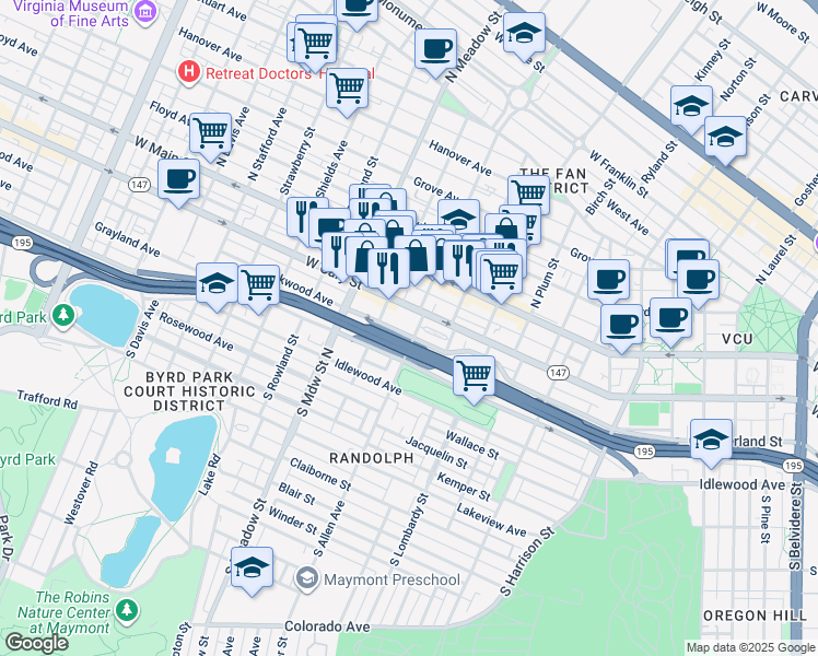 map of restaurants, bars, coffee shops, grocery stores, and more near 1806 Parkwood Avenue in Richmond