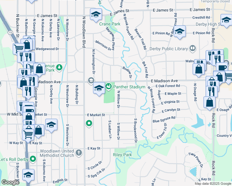 map of restaurants, bars, coffee shops, grocery stores, and more near 1000 East Post Oak Street in Derby
