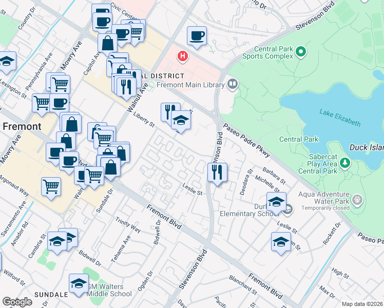 map of restaurants, bars, coffee shops, grocery stores, and more near 3440 Hart Common in Fremont