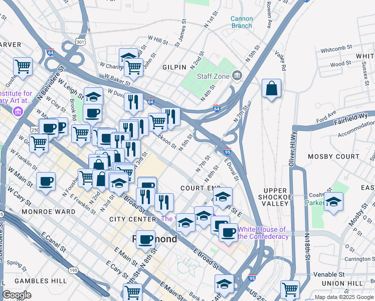 map of restaurants, bars, coffee shops, grocery stores, and more near 700 N 6th St in Richmond