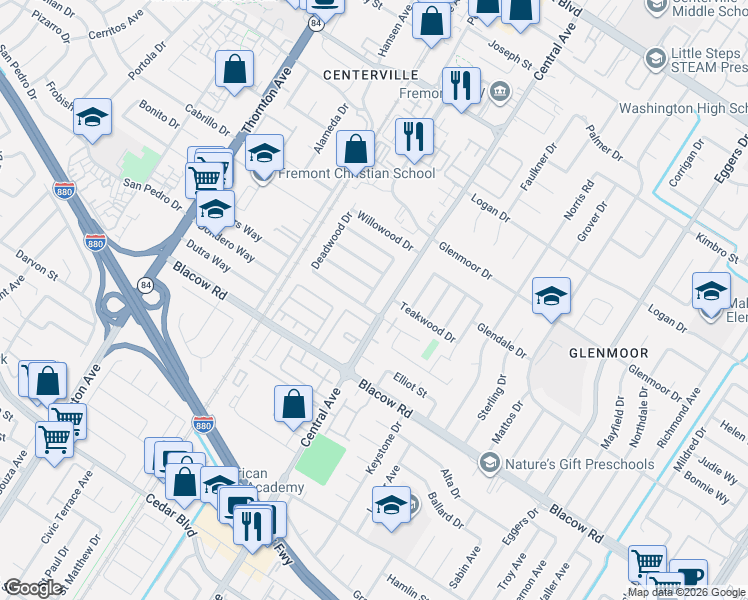 map of restaurants, bars, coffee shops, grocery stores, and more near 37507 Southwood Drive in Fremont
