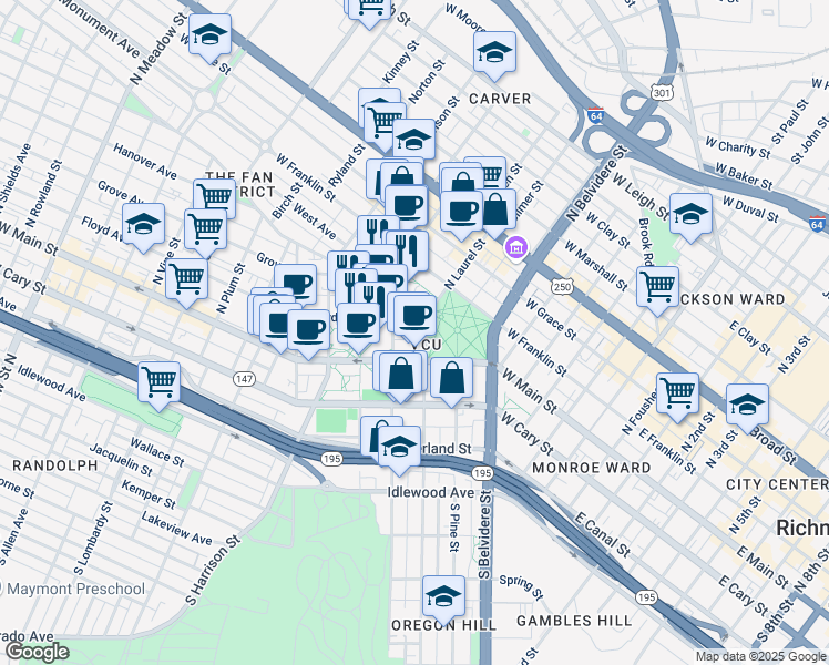 map of restaurants, bars, coffee shops, grocery stores, and more near 817S North Cathedral Place in Richmond