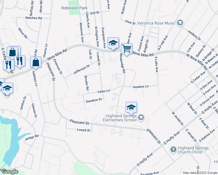 map of restaurants, bars, coffee shops, grocery stores, and more near 5808 Yates Lane in Richmond