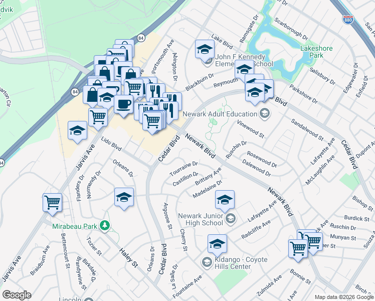 map of restaurants, bars, coffee shops, grocery stores, and more near 6039 Breton Place in Newark