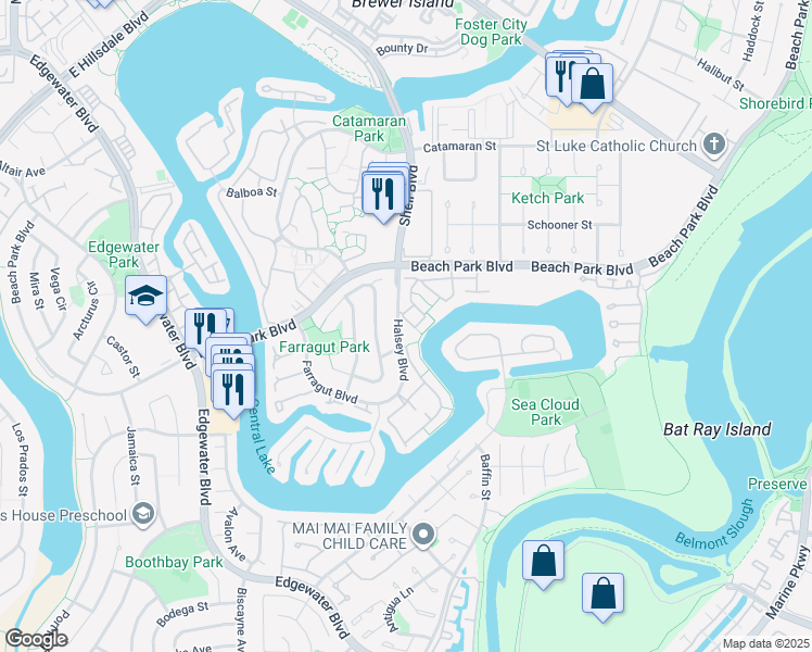map of restaurants, bars, coffee shops, grocery stores, and more near 1102 Burke Lane in Foster City