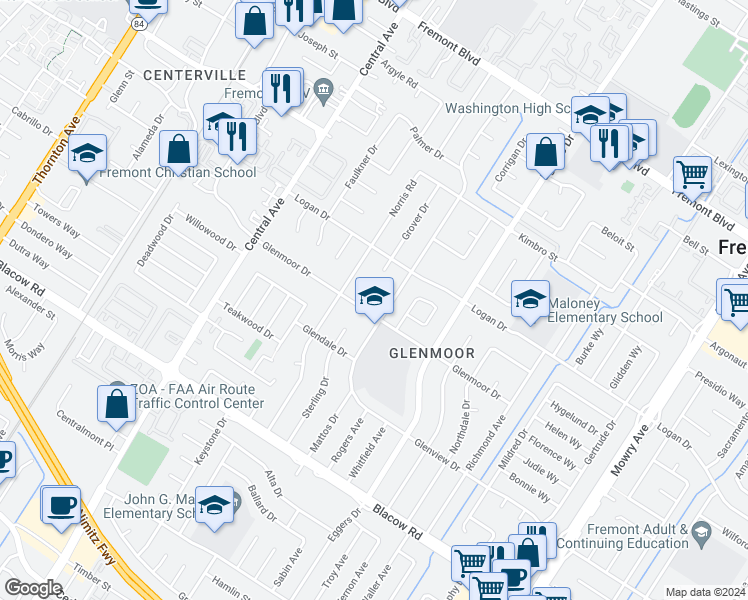 map of restaurants, bars, coffee shops, grocery stores, and more near in Fremont